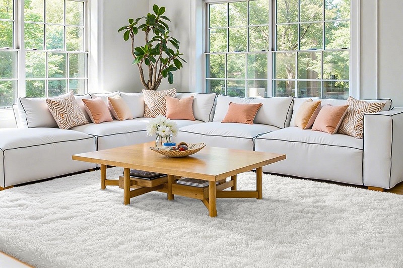 cream white rug and grey sofa