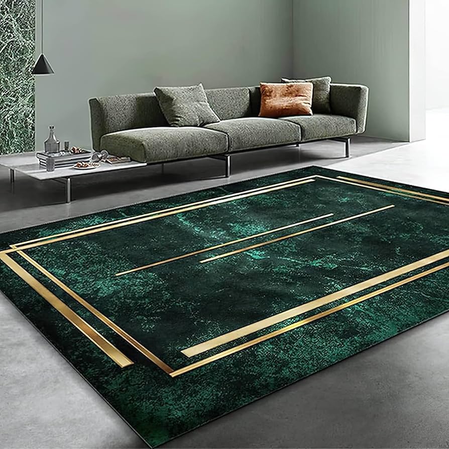 emerald green rug and grey sofa
