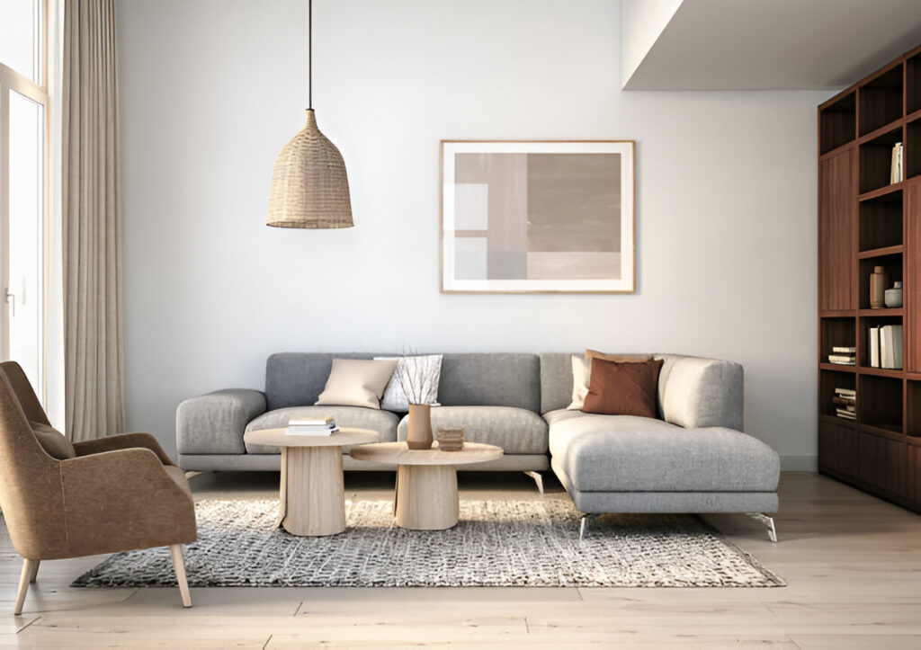 light grey rug and grey sofa