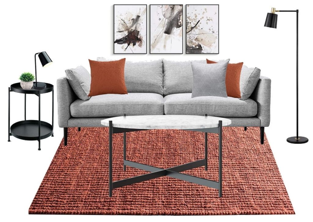 terracotta rug and grey sofa